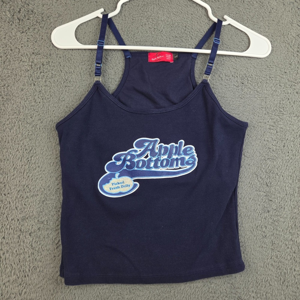 VTG Y2K Apple Bottoms Tank Top Large Navy Blue Cropped Hip Hop Spaghetti Strap